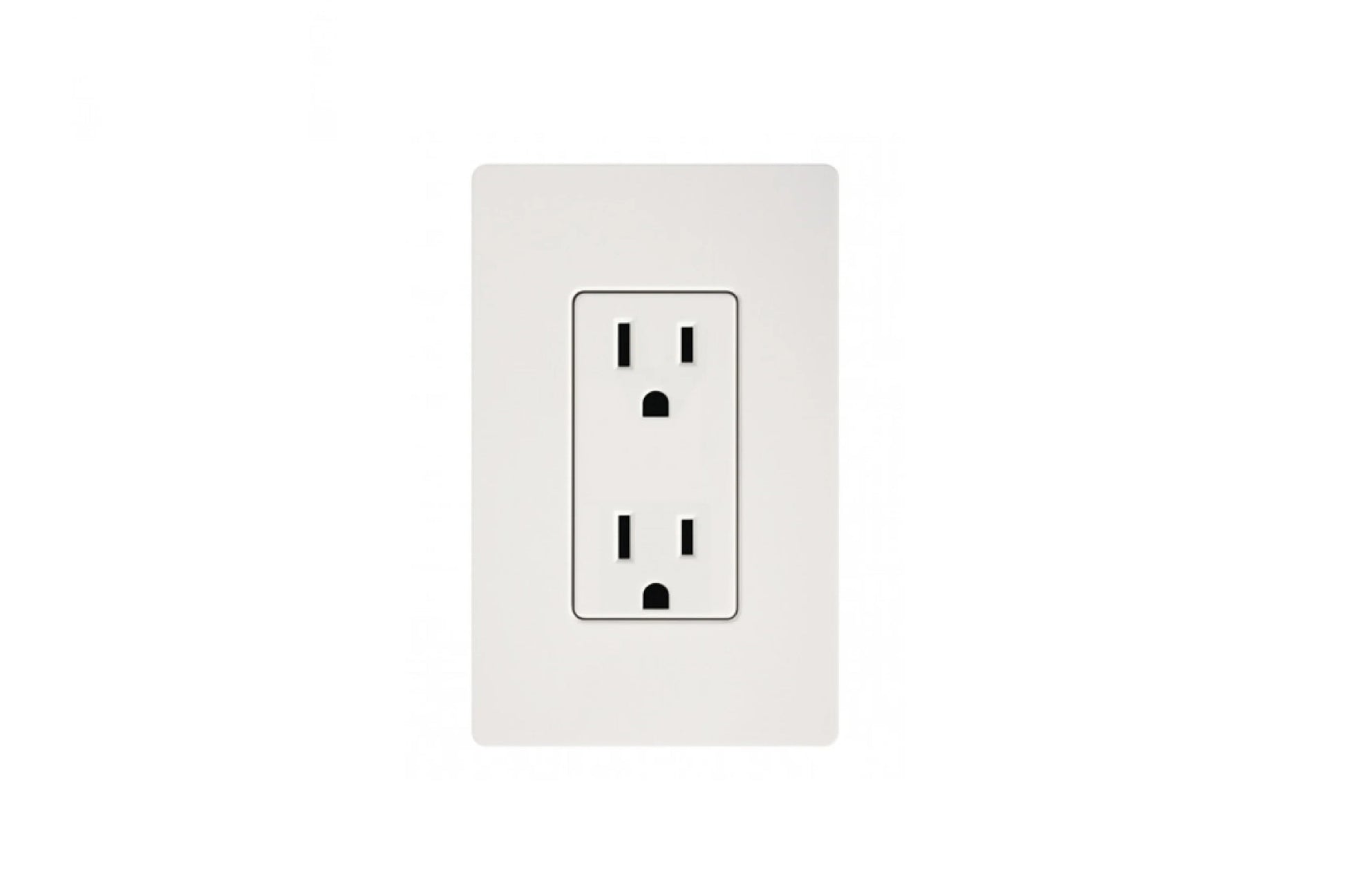 White duplex electrical outlet with two receptacles on light gray wall plate