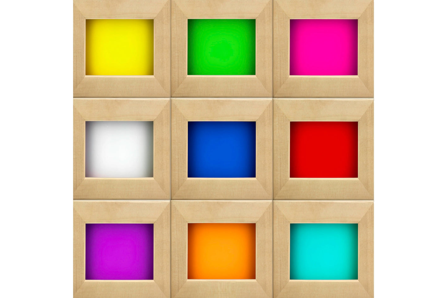 Golden Designs Venice Elite 2-Person Sauna chromotherapy lighting options showing 9 colors — yellow, green, pink, white, blue, red, purple, orange, and teal