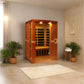Golden Designs Venice Elite 2-person infrared sauna with red cedar exterior and black interior heater panels, illuminated int