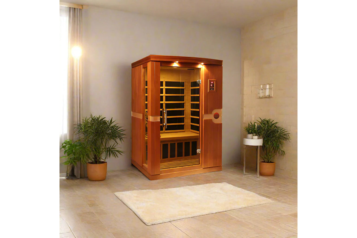 Golden Designs Venice Elite 2-person infrared sauna with red cedar exterior and black interior heater panels, illuminated int