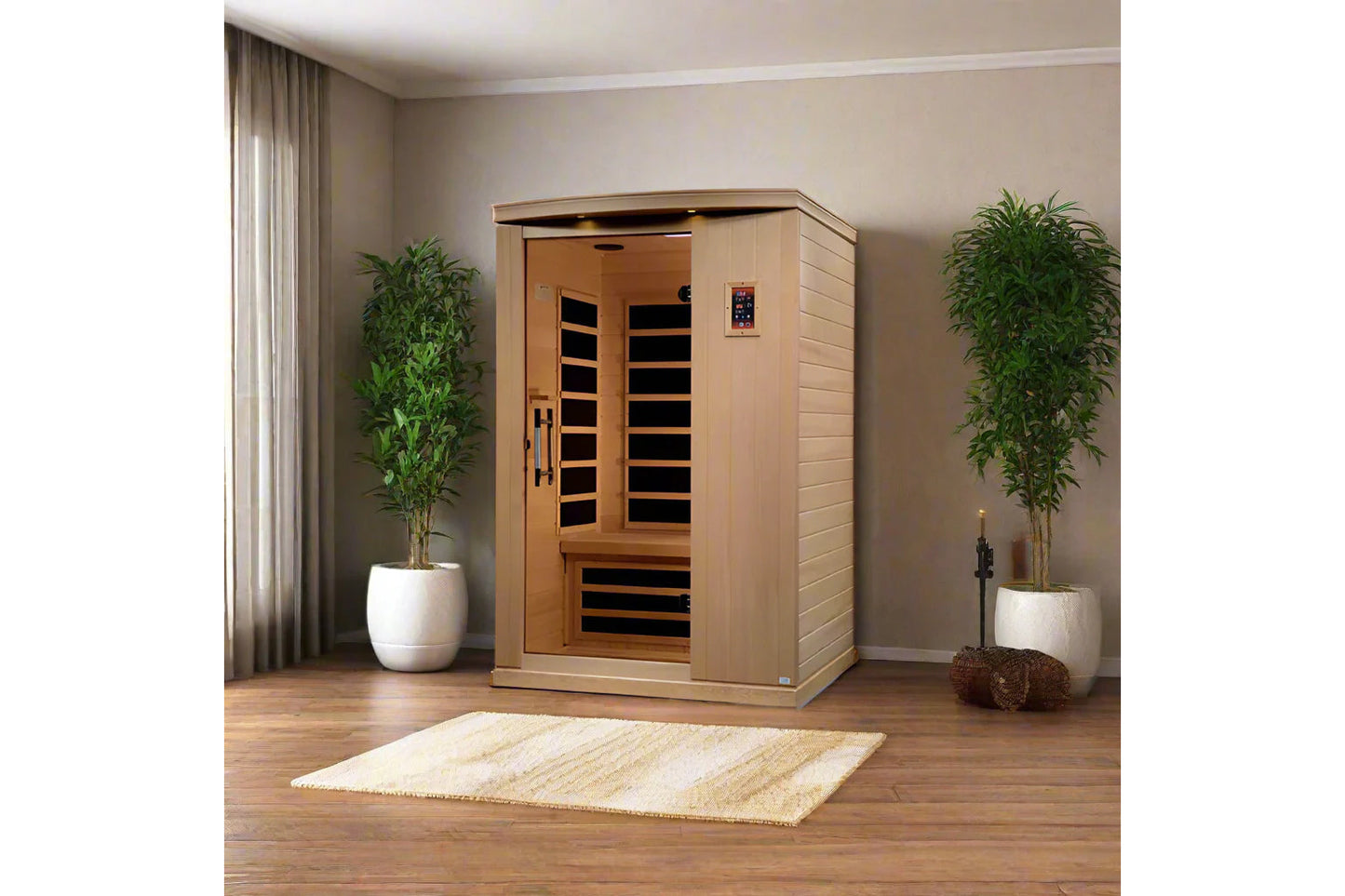 Golden Designs Venice Elite 2-person infrared sauna with natural wood exterior and glass door panels, flanked by potted plant