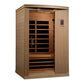 Golden Designs Venice Elite 2-person infrared sauna with natural wood exterior, glass door panel with black interior heating 