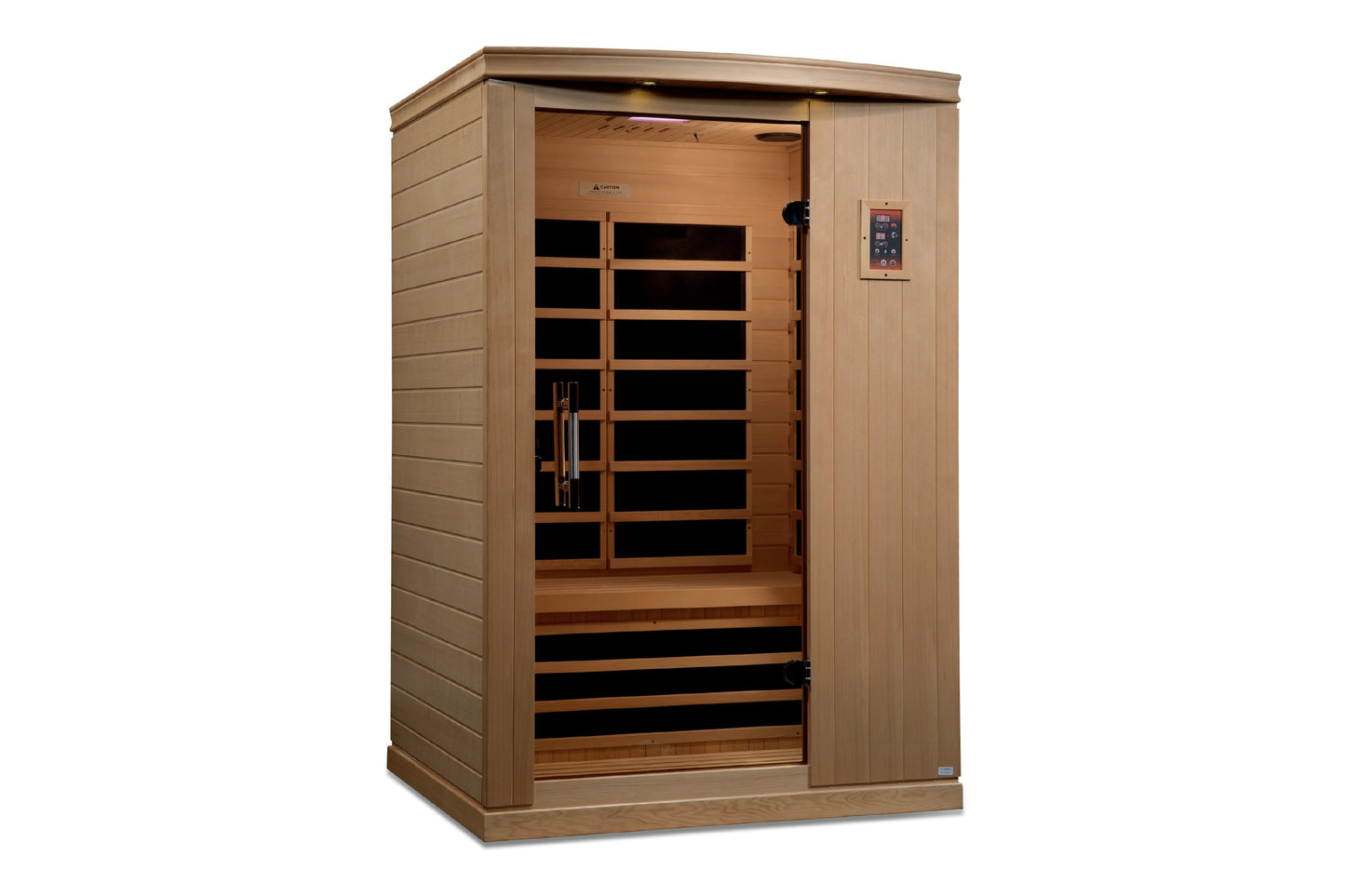 Golden Designs Venice Elite 2-person infrared sauna with natural wood exterior, glass door panel with black interior heating 