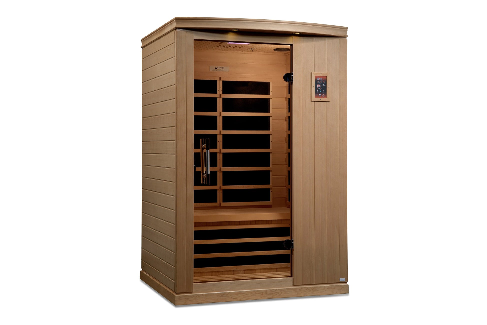 Golden Designs Venice Elite 2-person infrared sauna with natural wood exterior, glass door panel with black interior heating 