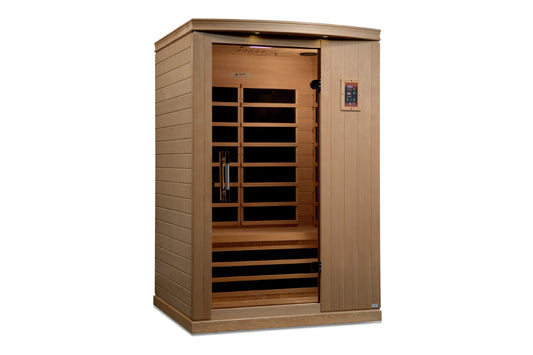 Golden Designs Venice Elite 2-person infrared sauna with natural wood exterior, glass door panel with black interior heating 