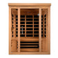 Golden Designs Vila Elite 3-person infrared sauna with light wood exterior, glass front doors, and black interior bench seati