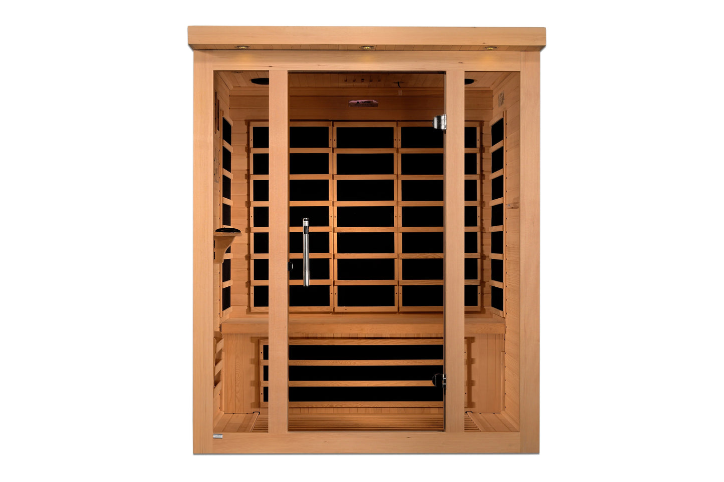 Golden Designs Vila Elite 3-person infrared sauna with light wood exterior, glass front doors, and black interior bench seati