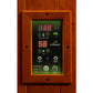 Digital control panel with wood frame mounted on wooden background, displaying temperature and time settings with LED readout