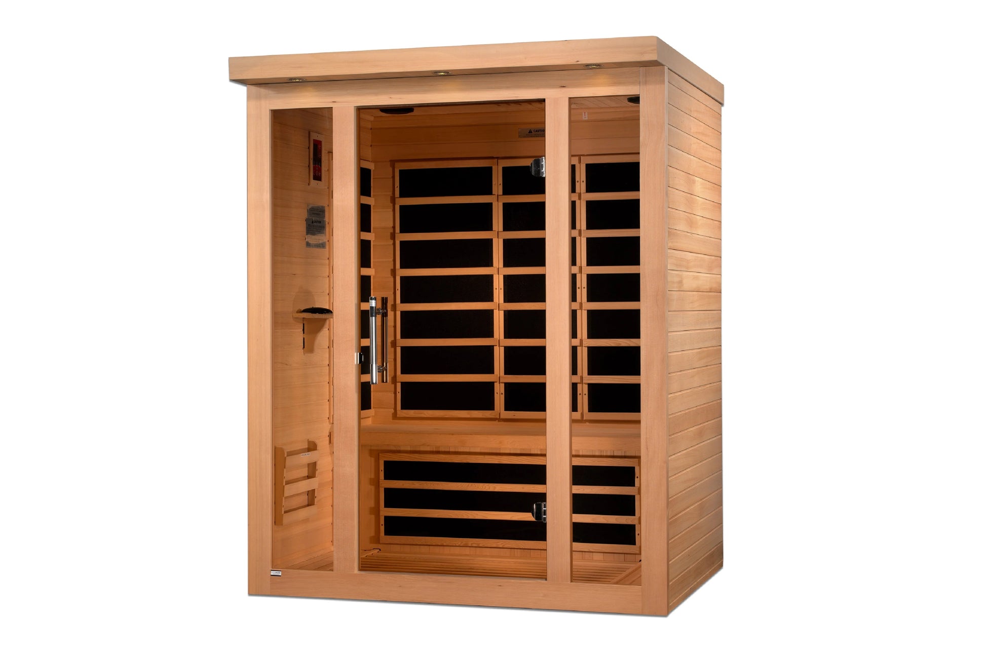 Cedar wood infrared sauna with glass front doors, orange heating elements visible inside, and control panel on left side, iso
