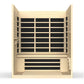 Golden Designs Vila Elite 3-person sauna with cream wood exterior, black interior panels, and bench seating, front view