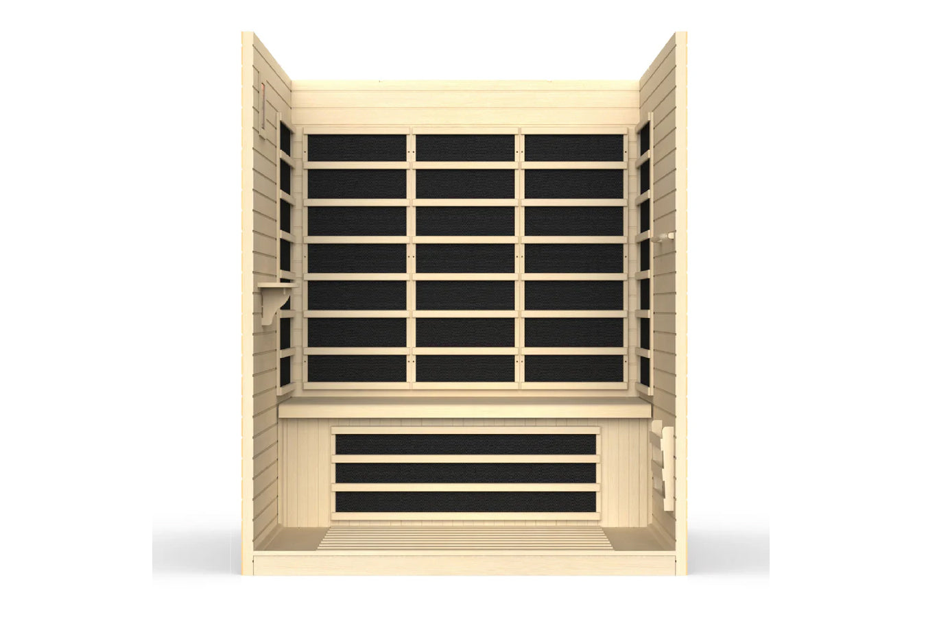 Golden Designs Vila Elite 3-person sauna with cream wood exterior, black interior panels, and bench seating, front view