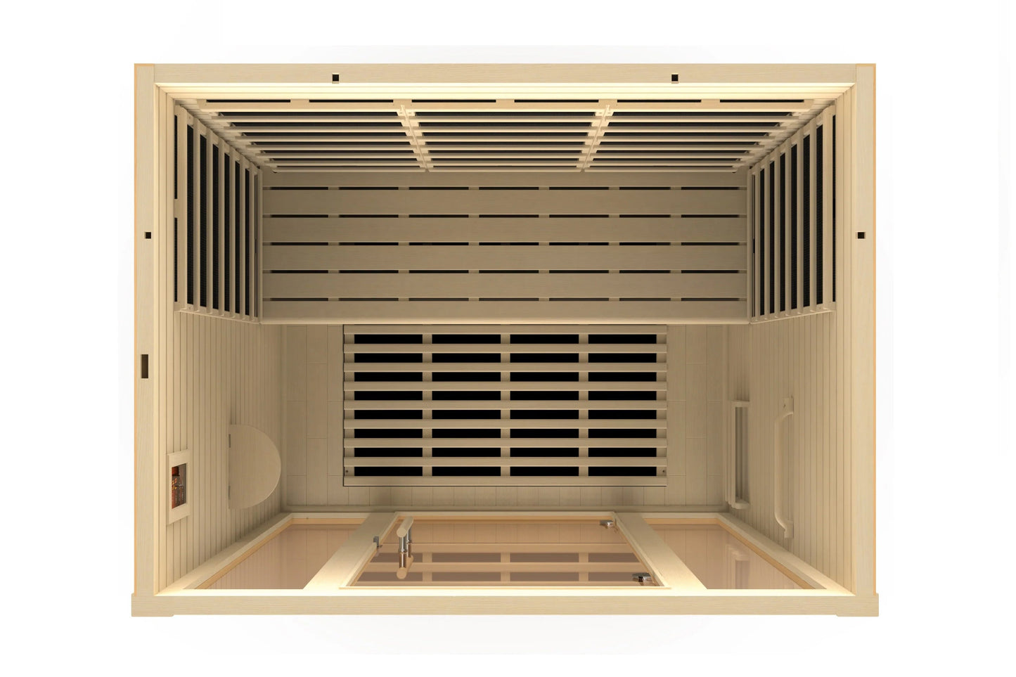 Golden Designs Vila Elite 3-person infrared sauna with natural wood interior, black heater panels, and ventilation system, ov