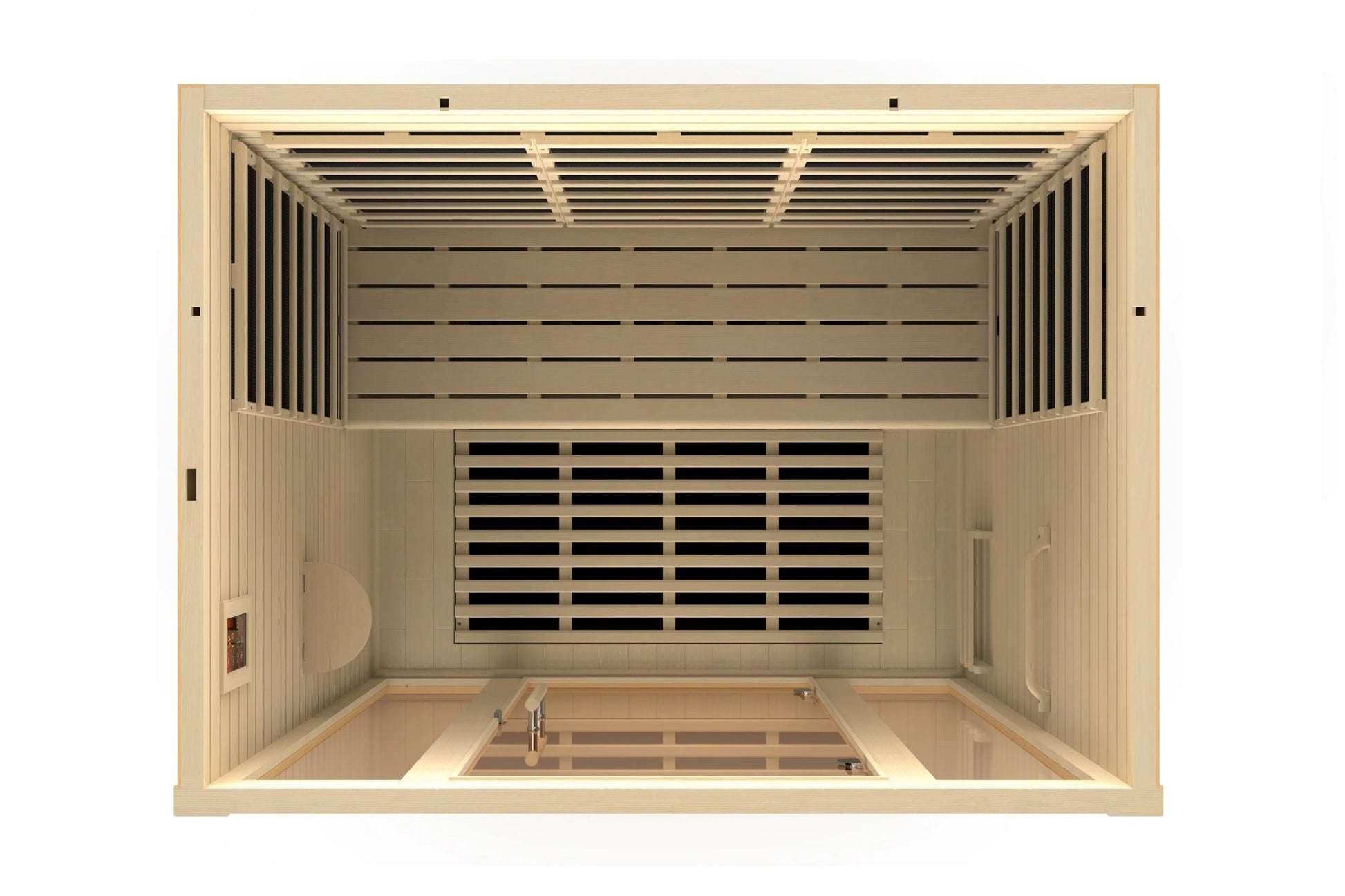 Golden Designs Vila Elite 3-person infrared sauna with natural wood interior, black heater panels, and ventilation system, ov