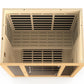 Golden Designs Vila Elite 3-person sauna with natural wood exterior, open door showing black interior benches and heating ele