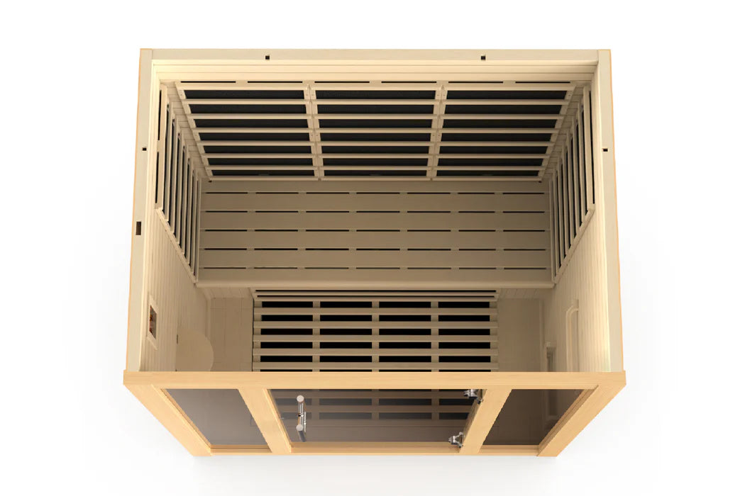 Golden Designs Vila Elite 3-person sauna with natural wood exterior, open door showing black interior benches and heating ele