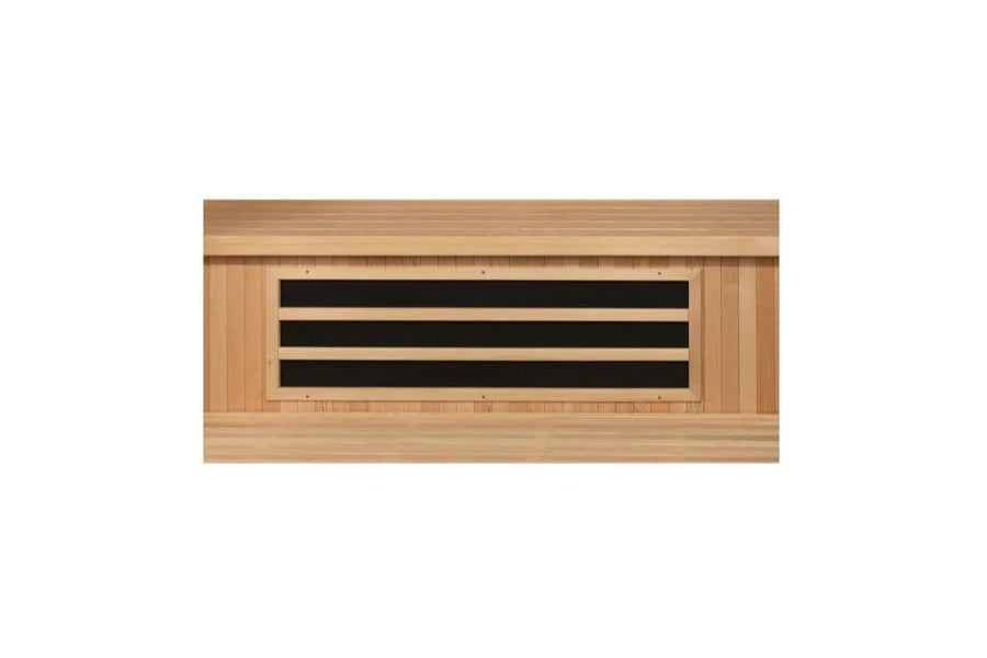 Cedar sauna interior showing horizontal black vents on light wood panel, front view