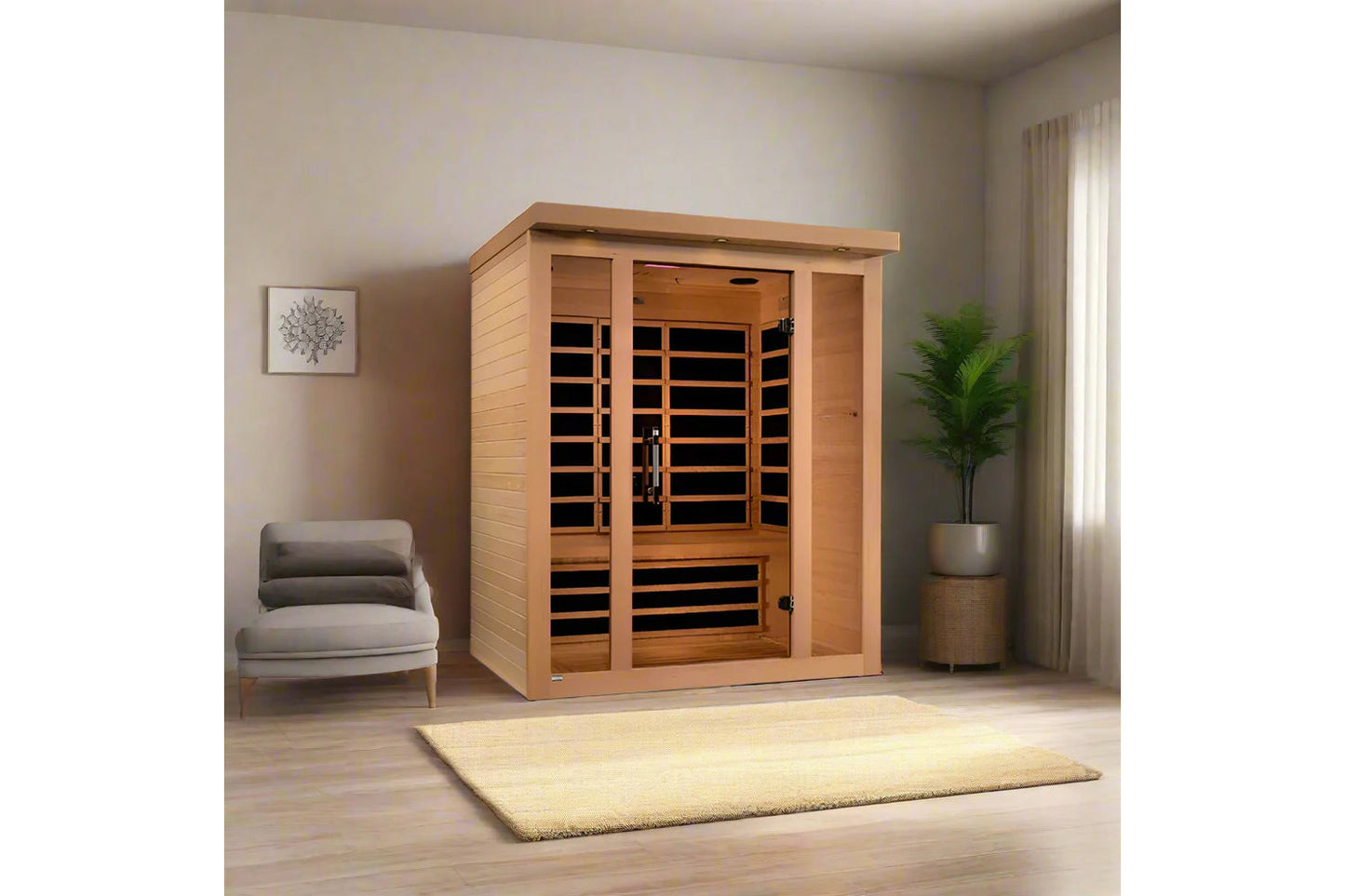 Golden Designs Vila Elite three-person infrared sauna with light wood construction and glass doors in modern bedroom setting