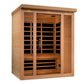 Golden Designs Vila Elite 3-person infrared sauna with cedar wood construction, glass doors, and black heating panels on whit