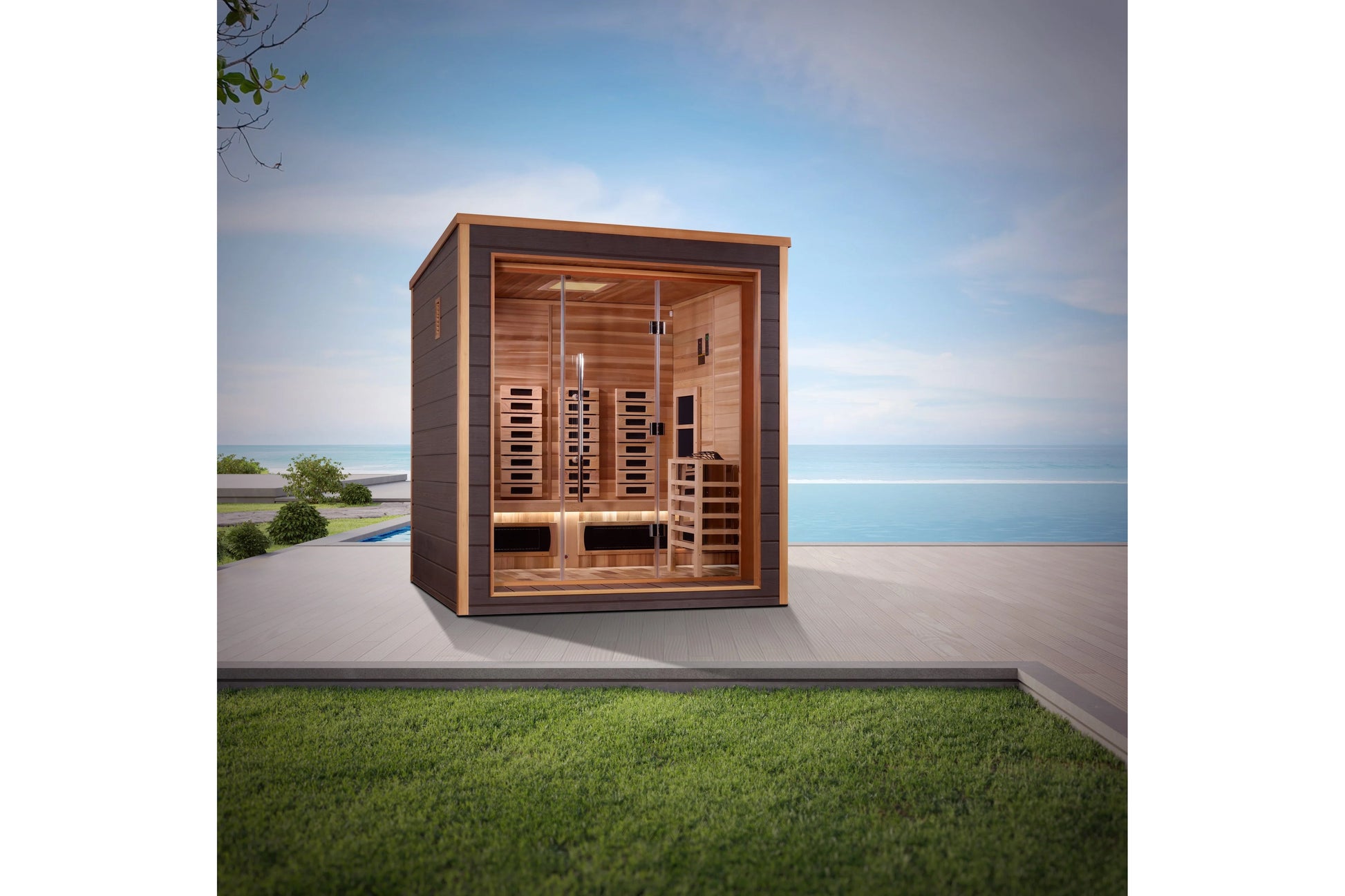 Golden Designs Visby 3-person outdoor sauna with cedar wood interior, glass front doors, and heating panels, positioned on pa