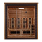 Golden Designs Visby 3-person sauna with cedar wood interior, glass doors, infrared heating panels, and wooden bench seating 