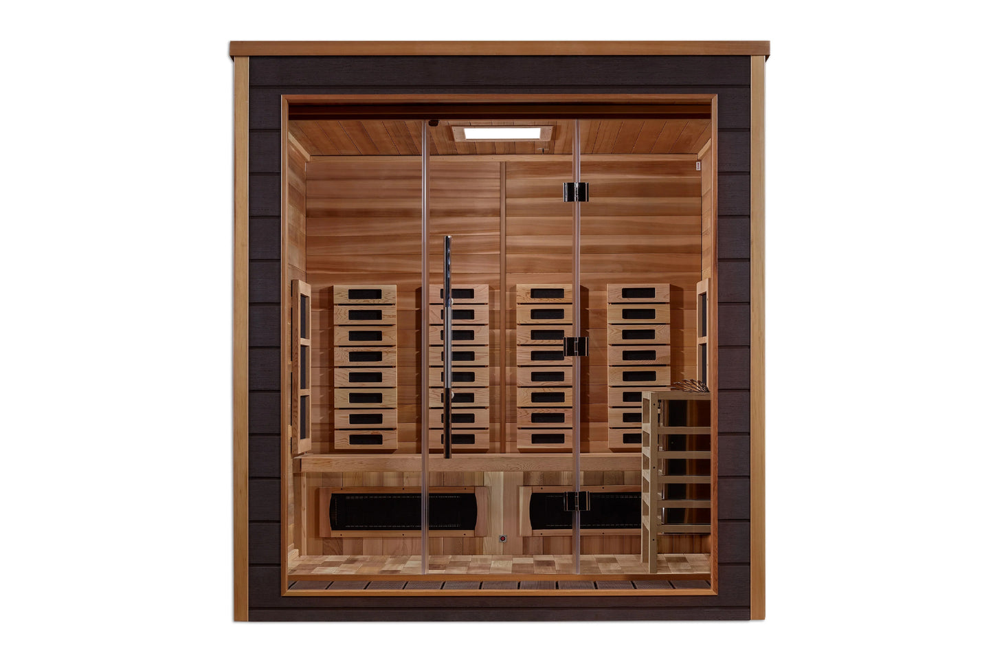 Golden Designs Visby 3-person sauna with cedar wood interior, glass doors, infrared heating panels, and wooden bench seating 