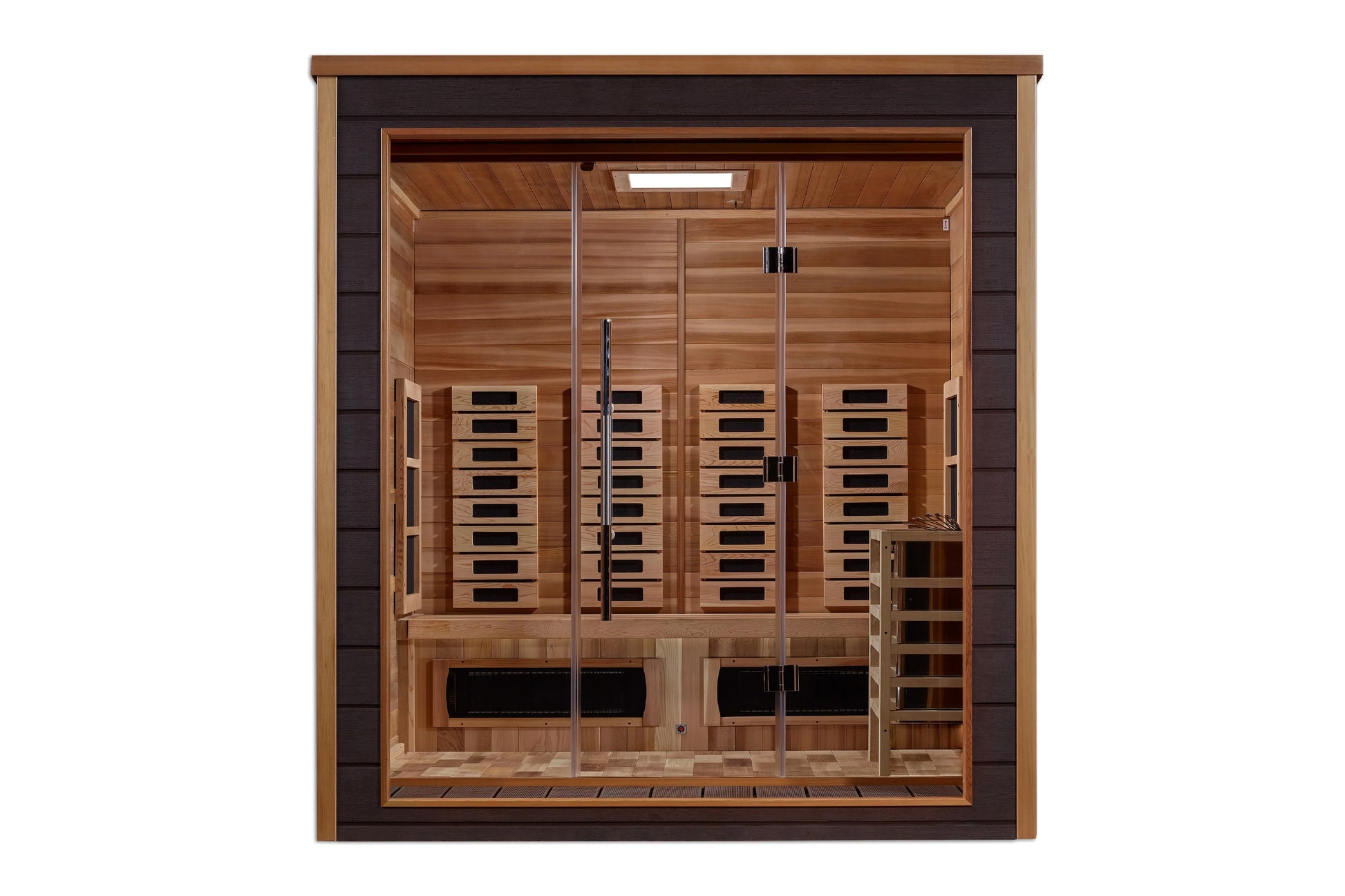 Golden Designs Visby 3-person sauna with cedar wood interior, glass doors, infrared heating panels, and wooden bench seating 