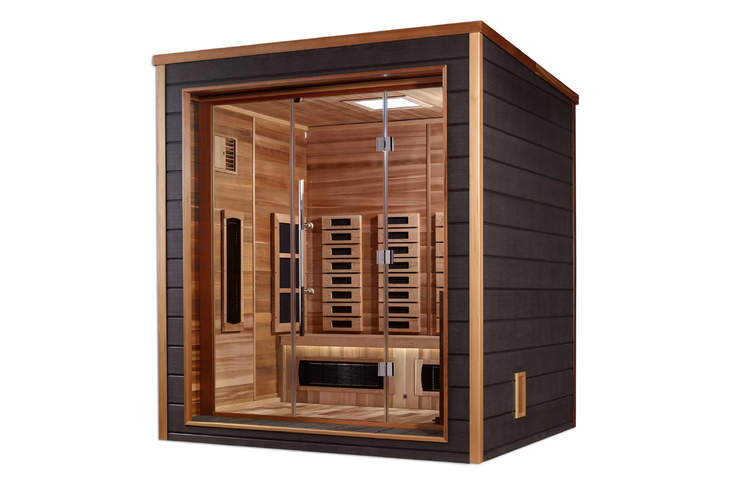 Golden Designs Visby 3-person infrared sauna with cedar wood interior, dark exterior frame, glass doors, and heating panels v