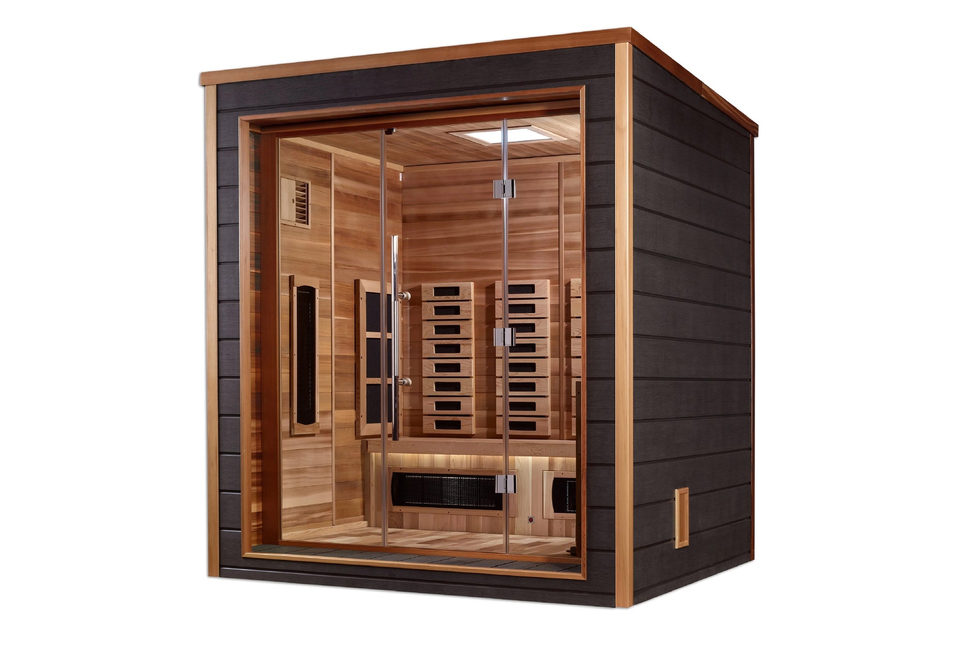 Golden Designs Visby 3-person infrared sauna with cedar wood interior, dark exterior frame, glass doors, and heating panels v