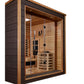 Golden Designs Visby 3-person hybrid sauna with cedar wood interior, glass doors, and dark wood exterior on white background