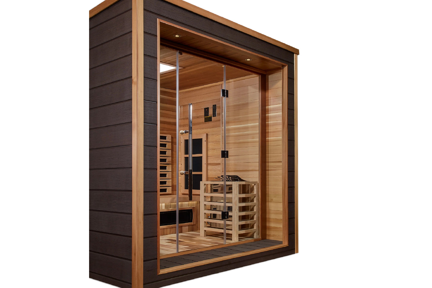 Golden Designs Visby 3-person hybrid sauna with cedar wood interior, glass doors, and dark wood exterior on white background