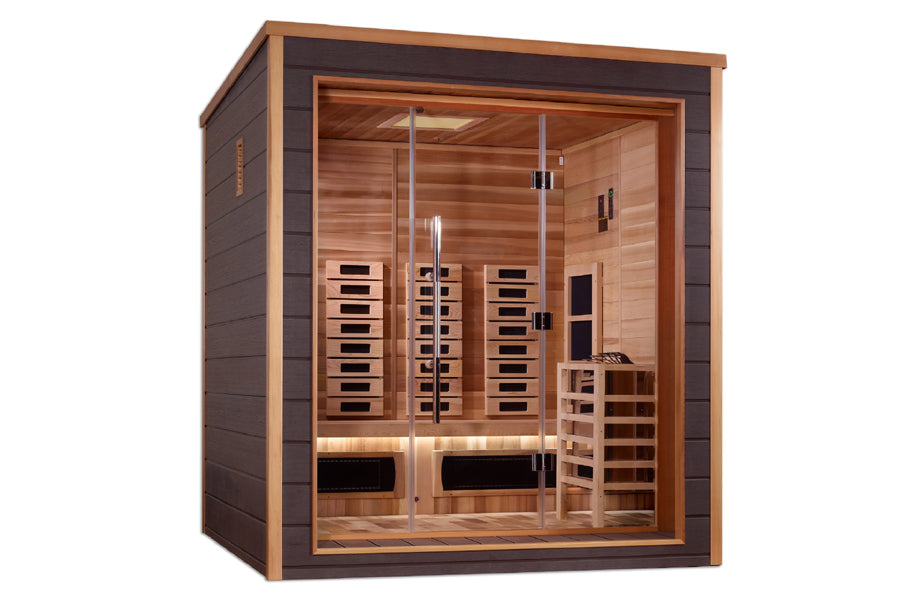 Golden Designs Visby 3-person indoor sauna with cedar wood interior, glass doors, infrared heater panels, and wooden bench se