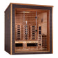 Golden Designs Visby 3-person sauna with cedar wood interior, glass door, infrared heaters, and dark exterior trim on white b