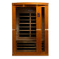 Golden Designs Vittoria two-person far infrared sauna with golden oak wood exterior, glass door with horizontal wood slats, d
