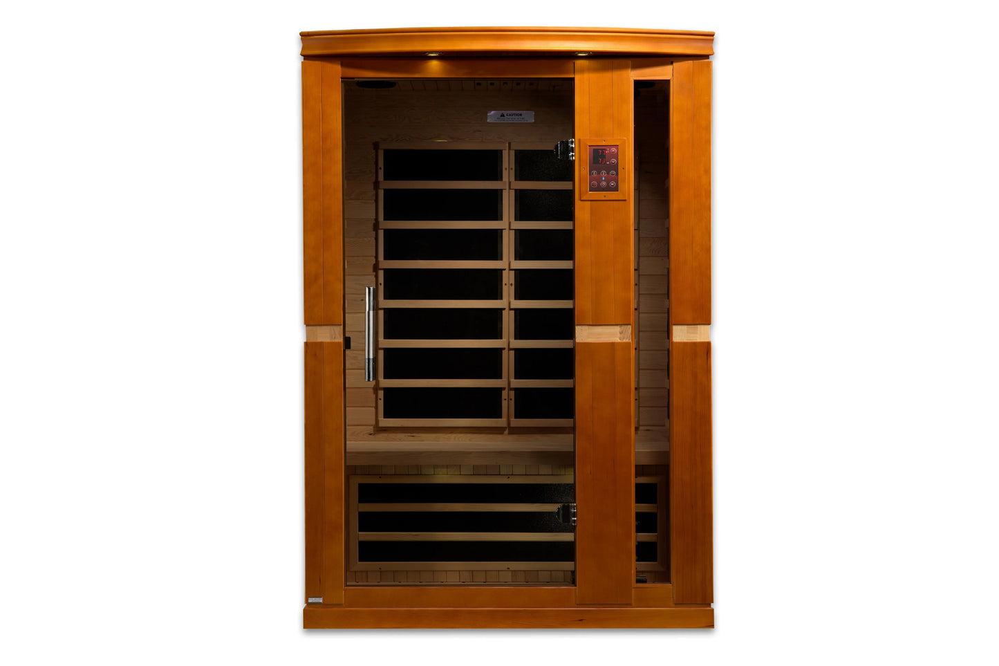 Golden Designs Vittoria two-person far infrared sauna with golden oak wood exterior, glass door with horizontal wood slats, d