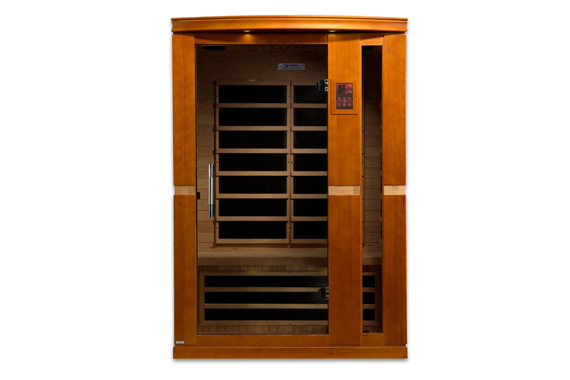 Golden Designs Vittoria two-person far infrared sauna with golden oak wood exterior, glass door with horizontal wood slats, d