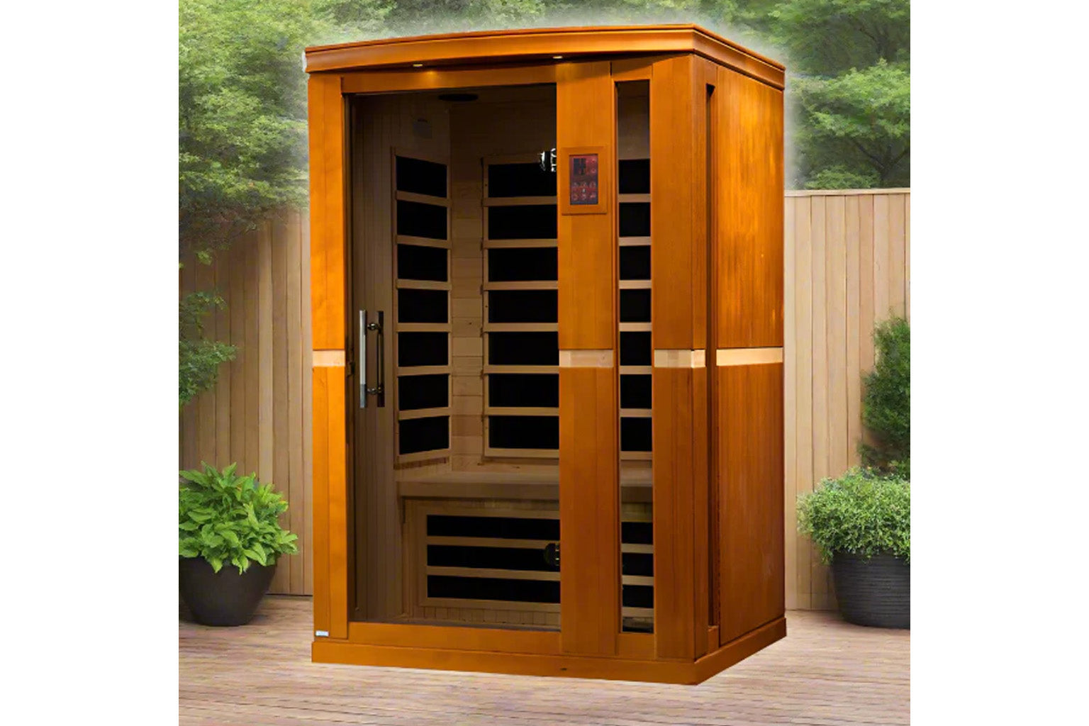 Golden Designs Vittoria 2-person far infrared sauna with golden wood exterior and glass doors in outdoor garden setting