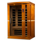 Golden Designs Vittoria 2-person infrared sauna with golden-brown wood exterior, glass front doors, digital control panel, an