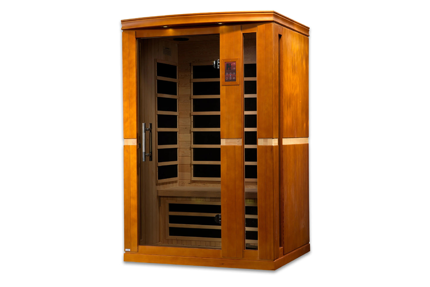 Golden Designs Vittoria 2-person infrared sauna with golden-brown wood exterior, glass front doors, digital control panel, an