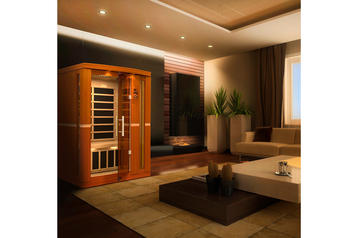 Golden Designs Vittoria 2-person infrared sauna with orange wood frame and black glass door in modern living room setting