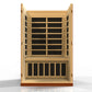 Golden Designs Vittoria 2-person infrared sauna with light wood frame and black interior panels, front view on white backgrou