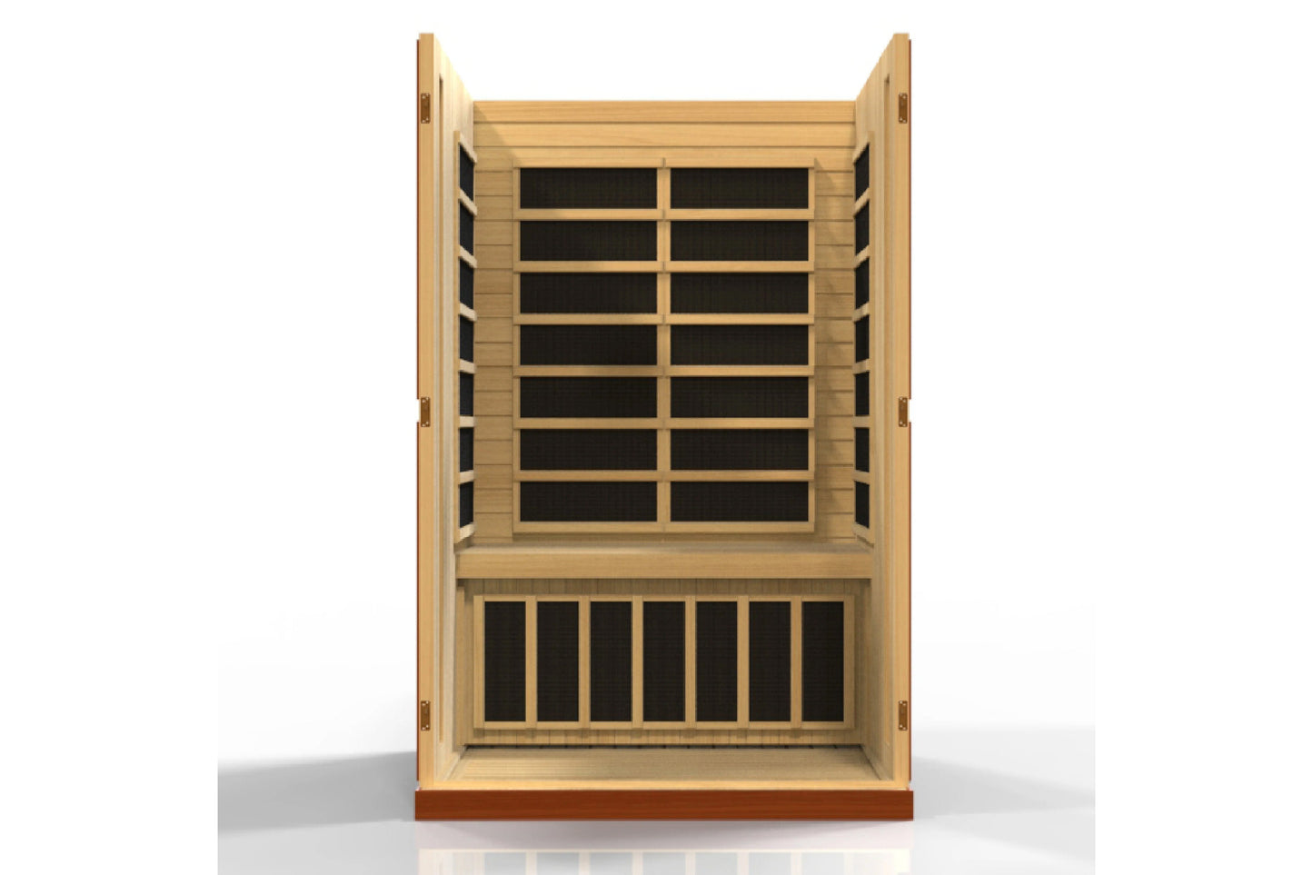 Golden Designs Vittoria 2-person infrared sauna with light wood frame and black interior panels, front view on white backgrou
