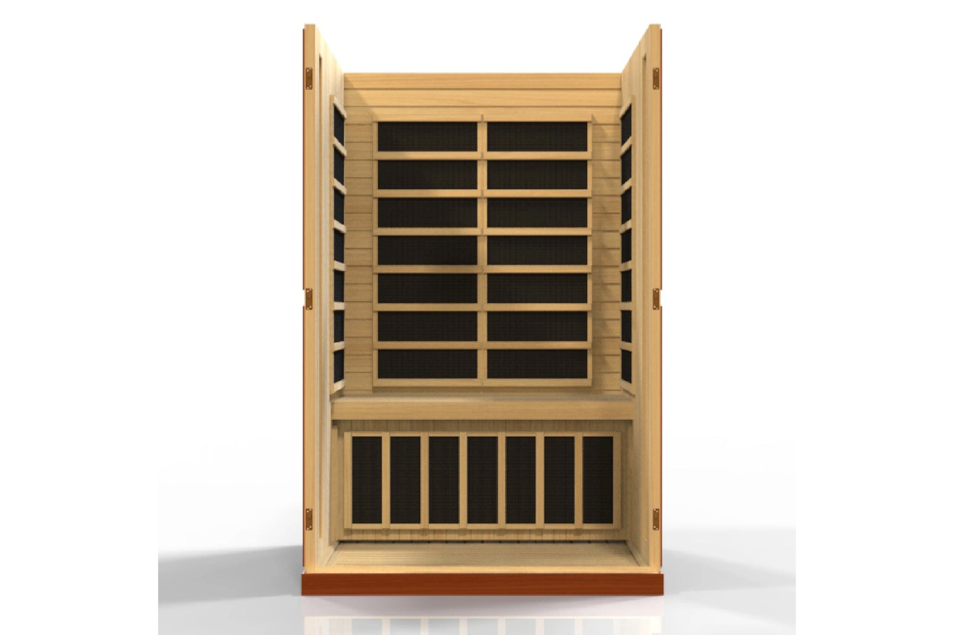 Golden Designs Vittoria 2-person infrared sauna with light wood frame and black interior panels, front view on white backgrou