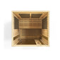 Golden Designs Vittoria 2-person infrared sauna with natural wood interior, viewed from above, showing wooden benches and ven