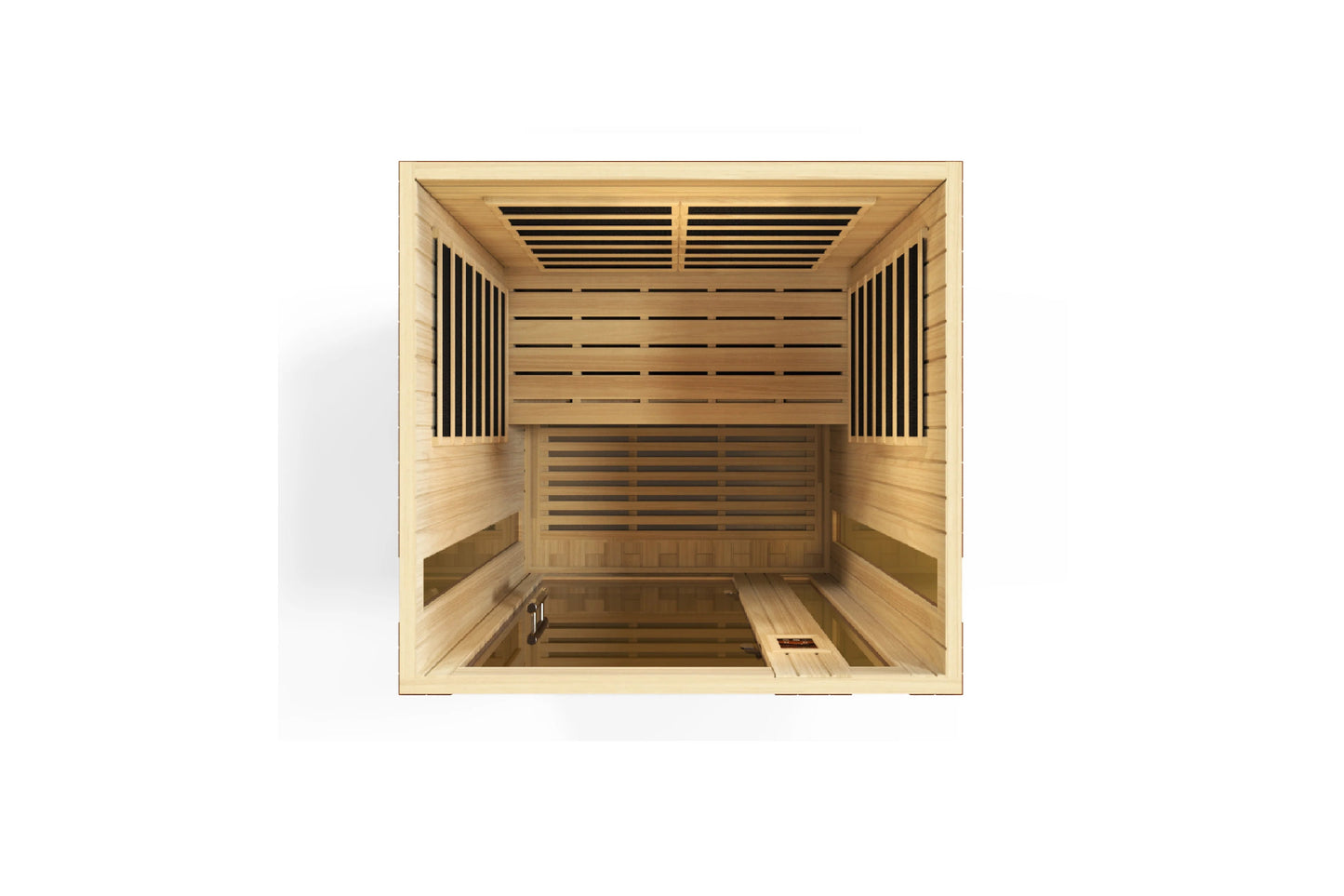 Golden Designs Vittoria 2-person infrared sauna with natural wood interior, viewed from above, showing wooden benches and ven