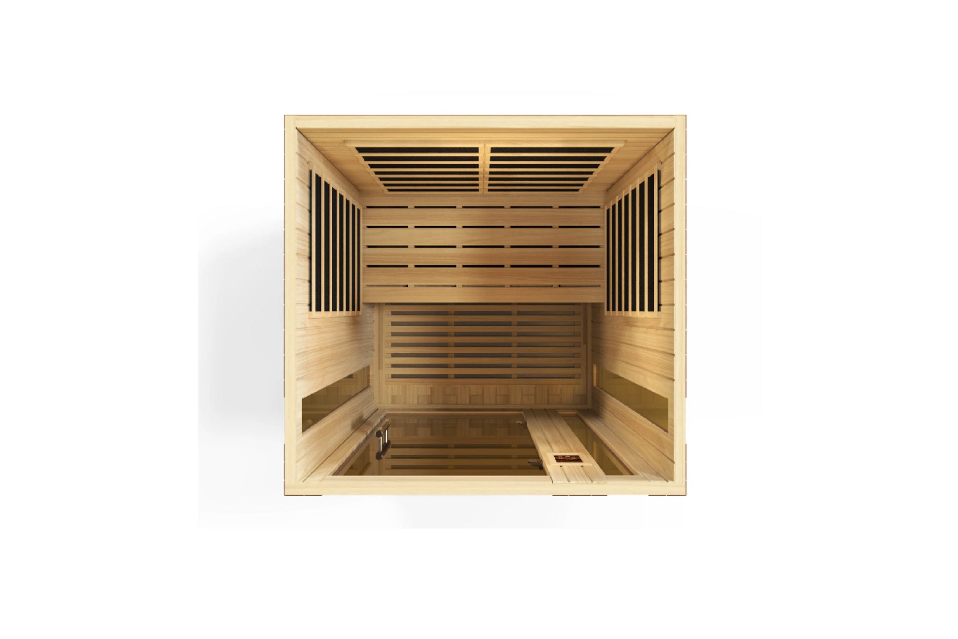 Golden Designs Vittoria 2-person infrared sauna with natural wood interior, viewed from above, showing wooden benches and ven