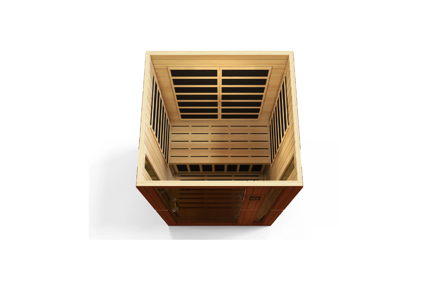 Golden Designs Vittoria 2-person infrared sauna with light wood interior, dark wood exterior, and horizontal slat design, vie