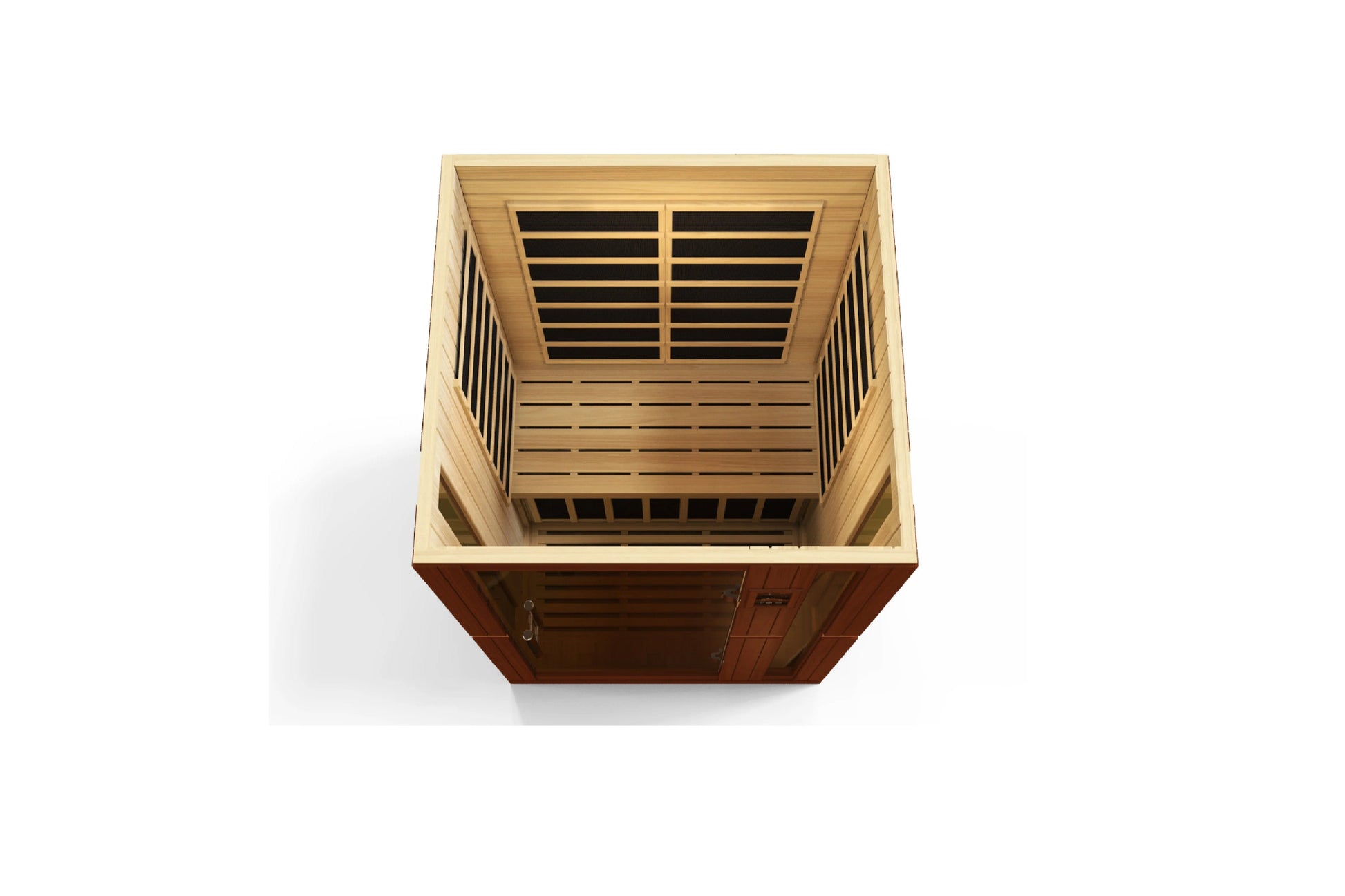 Golden Designs Vittoria 2-person infrared sauna with light wood interior, dark wood exterior, and horizontal slat design, vie