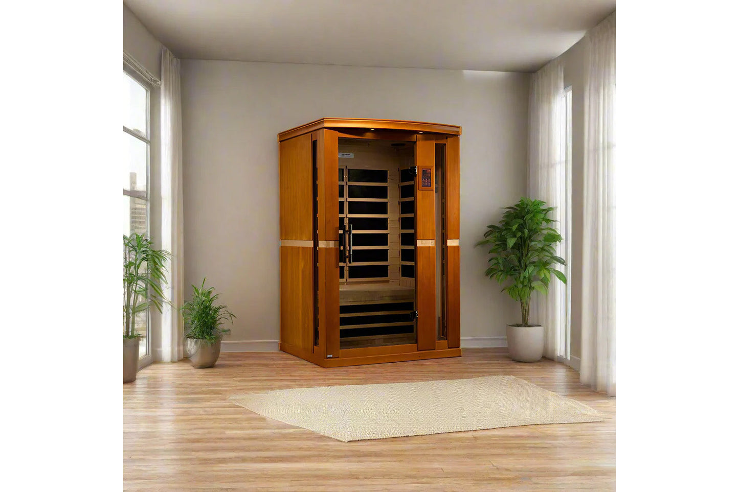 Golden Designs Vittoria 2-person sauna with honey-toned wood exterior, glass doors, and dark interior heater panels in modern