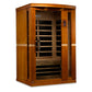 Golden Designs Vittoria 2-person infrared sauna with honey-colored wood exterior, glass door, and wooden bench seating inside