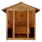 Golden Designs Vorarlberg 5-person traditional outdoor sauna with cedar wood exterior, pitched roof, glass double doors, and 